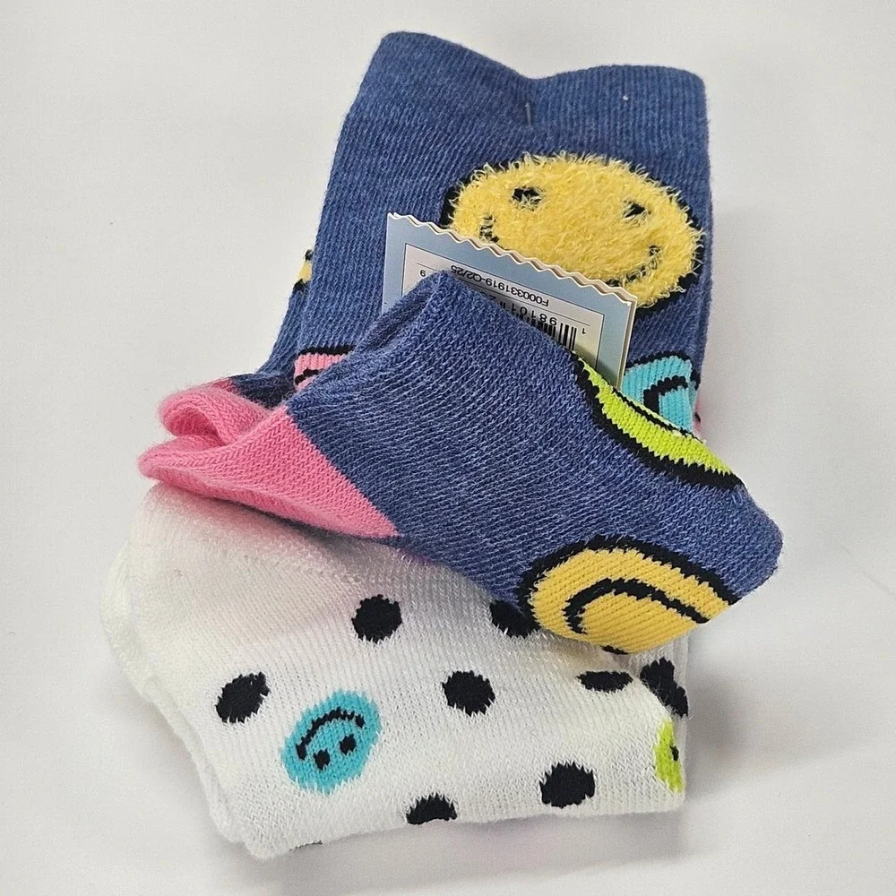 Cat & Jack Kids‎ Knee High Socks 2 Pairs Smiley Face Print Size S Shoe 5.5-8.5
